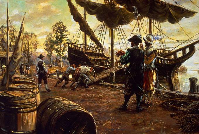 बसेरा तम्बाकू के बैरल को एक रैंप पर और निर्यात के लिए तैयारी में जहाज पर रोल करते हैं, जेम्सटाउन, वर्जीनिया, 1615।