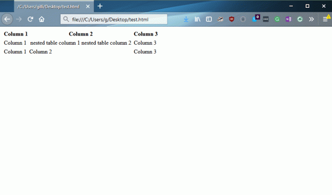 नेस्टेड तालिका के पिछले उदाहरण में नमूना कोड दिखाने वाला ब्राउज़र।
