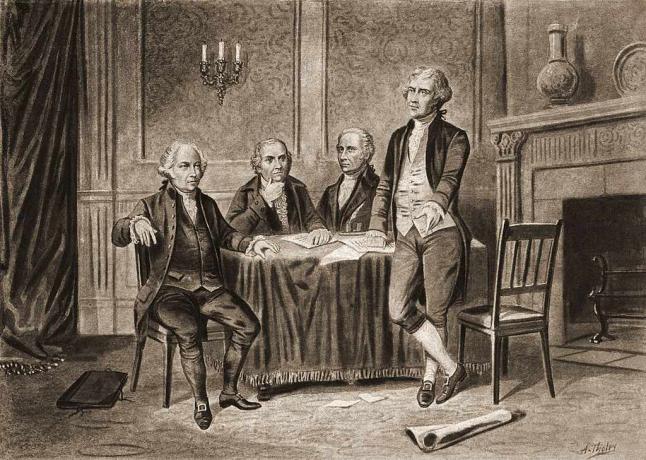संयुक्त राज्य अमेरिका के चार संस्थापक पिता, बाएं से, जॉन एडम्स, रॉबर्ट मॉरिस, अलेक्जेंडर हैमिल्टन और थॉमस जेफरसन, 1774 का चित्रण।