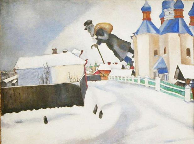 एक काला कोट, एक बैग के साथ एक विशाल आदमी और एक गन्ना एक बर्फ से ढंके हुए गाँव में प्याज-डोली चर्चों के साथ तैरता है