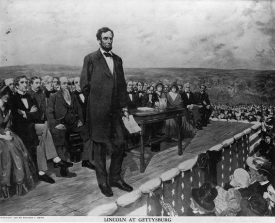 अब्राहम लिंकन, संयुक्त राज्य अमेरिका के 16वें राष्ट्रपति, 19 नवंबर, 1863 को अपना प्रसिद्ध 'गेट्सबर्ग एड्रेस' भाषण देते हुए।