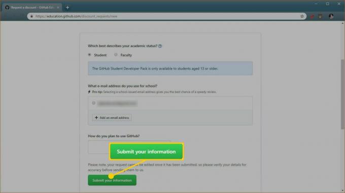 GitHub छात्र लाभ अनुरोध फ़ॉर्म का स्क्रीनशॉट।
