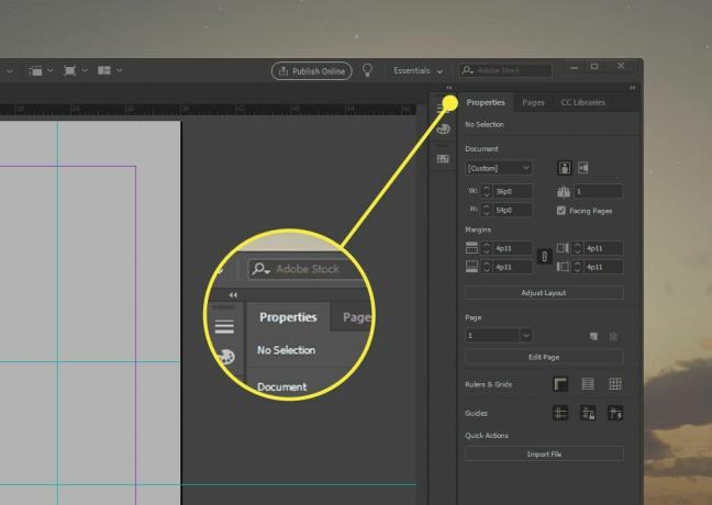 गुण टैब के साथ InDesign का एक स्क्रीनशॉट हाइलाइट किया गया