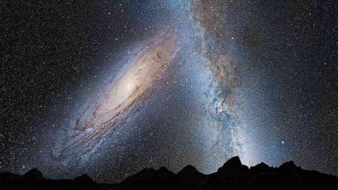 एंड्रोमेडा और मिल्की वे टकरा रहे हैं, जैसा कि हमारी आकाशगंगा के अंदर किसी ग्रह की सतह से देखा जाता है।