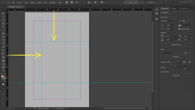 तीरों के साथ InDesign का एक स्क्रीनशॉट जो शासकों से गाइड को खींचने का संकेत देता है