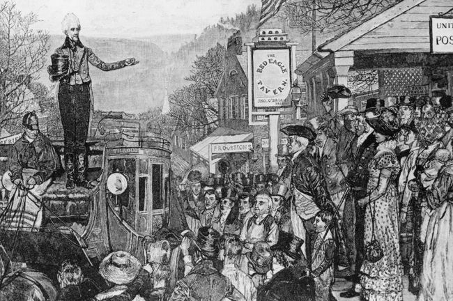 1829 में संयुक्त राज्य अमेरिका के 7वें राष्ट्रपति बनने के लिए वाशिंगटन जाते समय, समर्थकों का हाथ हिलाते हुए एक कोच पर खड़े एंड्रयू जैक्सन।