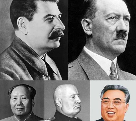 अधिनायकवादी नेताओं का कोलाज (प्रत्येक पंक्ति - दाएं से बाएं) जोसेफ स्टालिन, एडोल्फ हिटलर, माओ जेडोंग, बेनिटो मुसोलिनी और किम इल-सुंग।