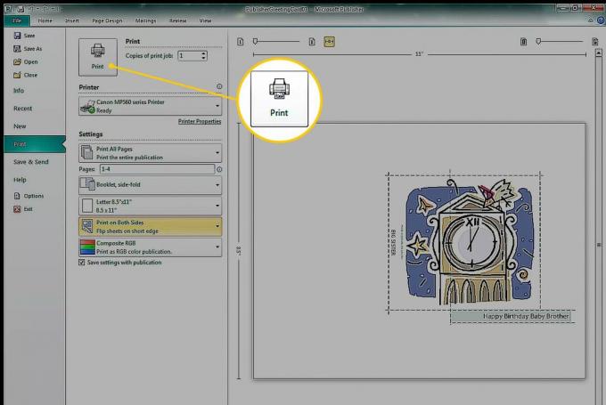 माइक्रोसॉफ्ट प्रकाशक में प्रिंट बटन
