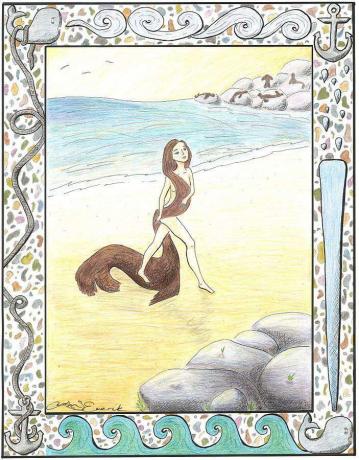 एक सेल्की महिला समुद्र से बाहर आती है और अपनी सील की खाल उतार देती है।